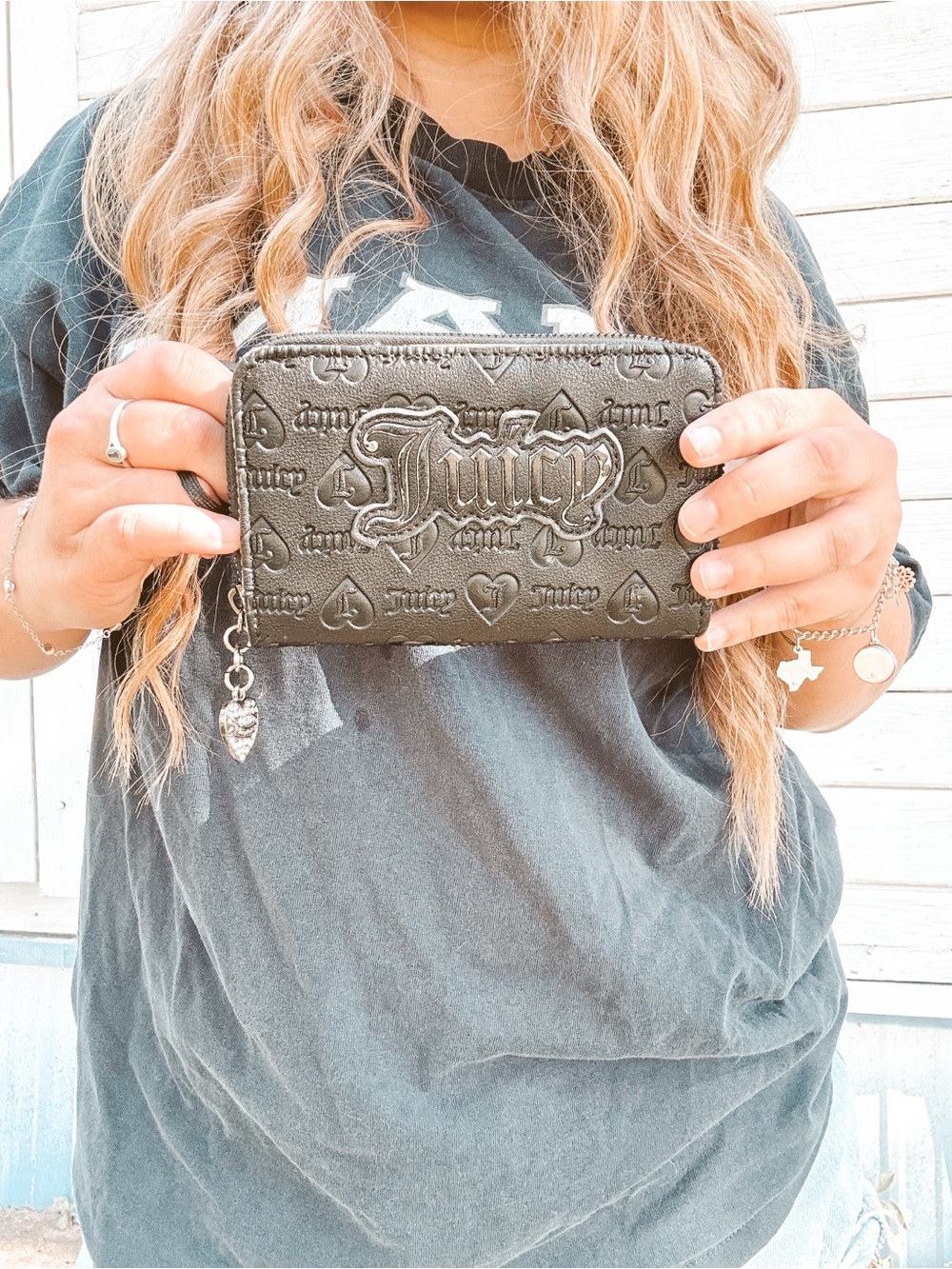 Juicy Couture Black Embossed Zip-Around Wallet with Heart Charm